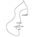 A minimalist, abstract line drawing of a person's face in profile, created with a single continuous black line on a white background. The features include a nose, lips, one eye with lashes, and the outline of the face.