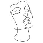 Minimalist one-line drawing of a human face with closed eyes and slightly parted lips, head tilted back slightly, drawn in a continuous black line on a white background.